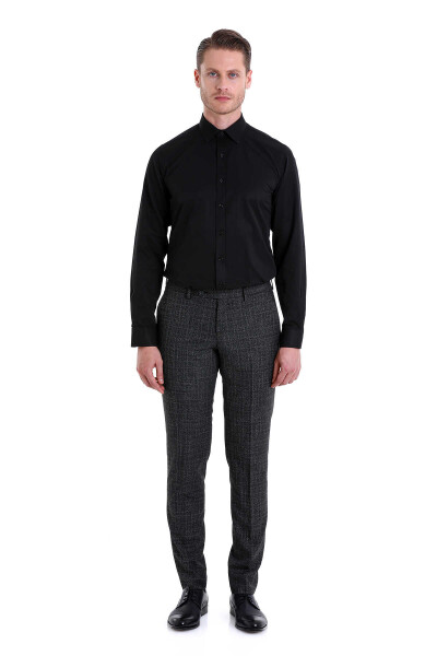 Siyah Comfort Fit Desenli Pamuklu Slim Yaka Uzun Kollu Klasik Gömlek - 3
