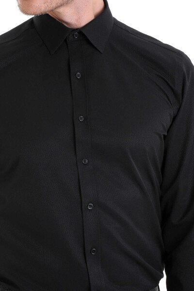 Siyah Comfort Fit Desenli Pamuklu Slim Yaka Uzun Kollu Klasik Gömlek - 4