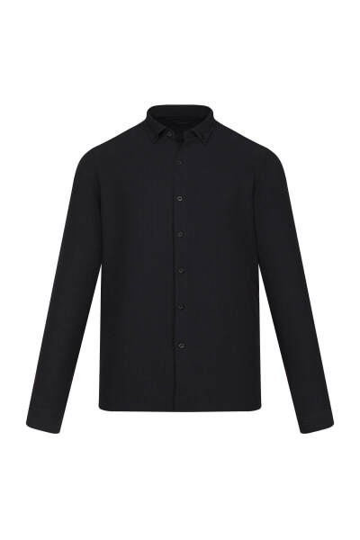 Siyah Comfort Fit Düğmeli Yaka Uzun Kollu Gofre Casual Gömlek - 6