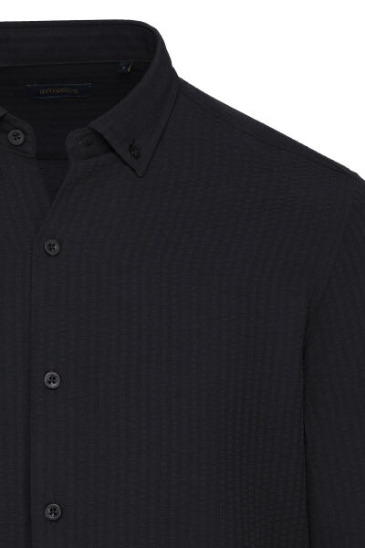 Siyah Comfort Fit Düğmeli Yaka Uzun Kollu Gofre Casual Gömlek - 7