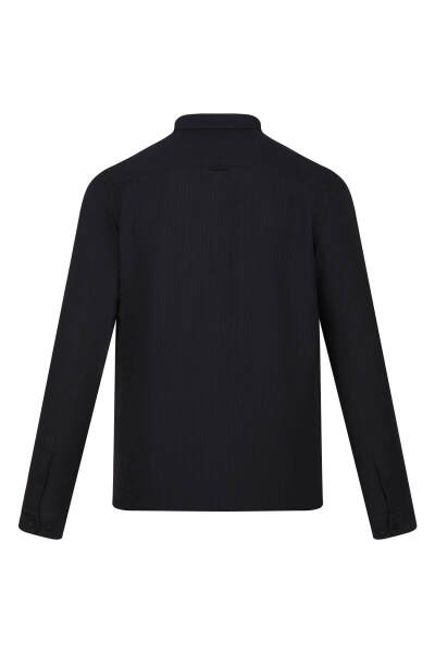 Siyah Comfort Fit Düğmeli Yaka Uzun Kollu Gofre Casual Gömlek - 8