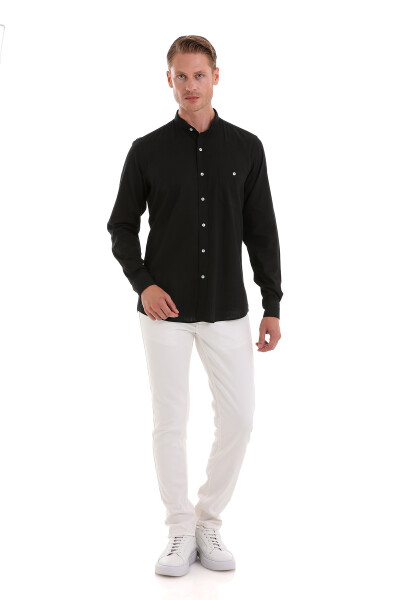Siyah Comfort Fit 100% Pamuk Hakim Yaka Uzun Kollu Spor Gömlek - 2