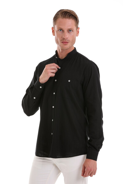 Siyah Comfort Fit 100% Pamuk Hakim Yaka Uzun Kollu Spor Gömlek - 3