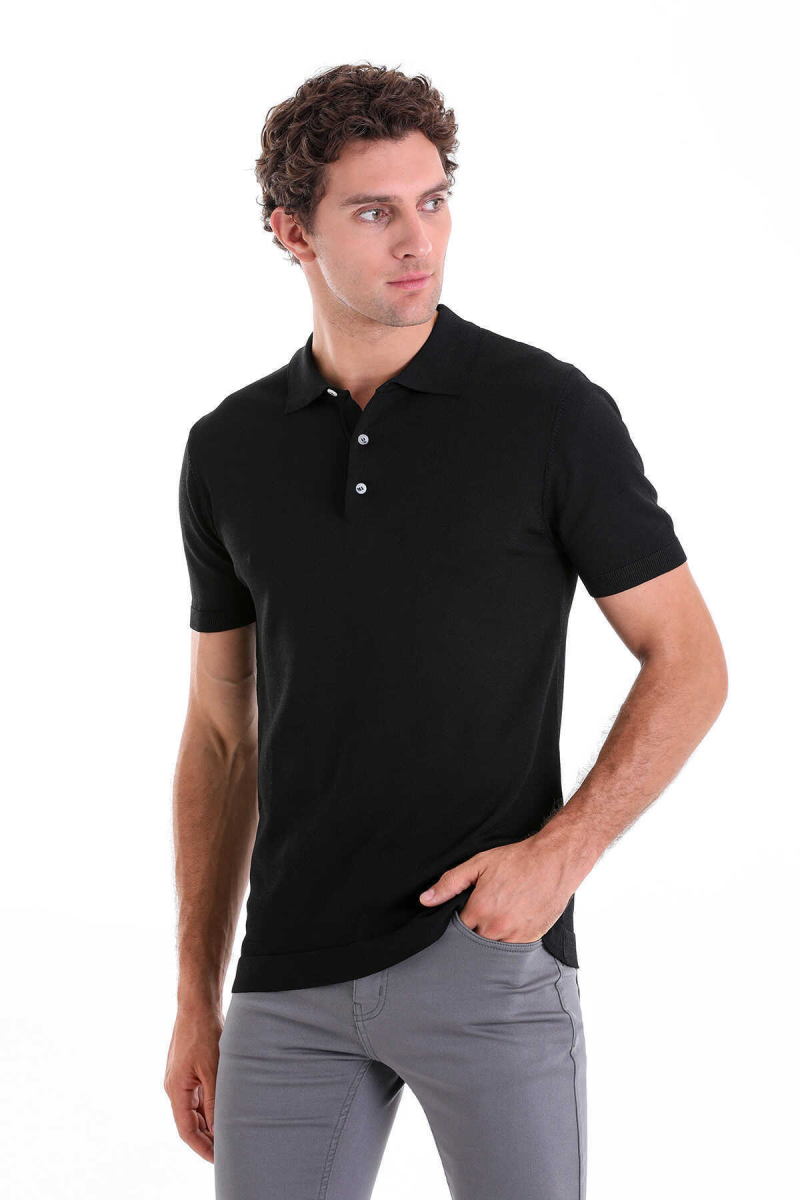Siyah Comfort Fit Polo Yaka Rayon Tişört - Hatem Saykı