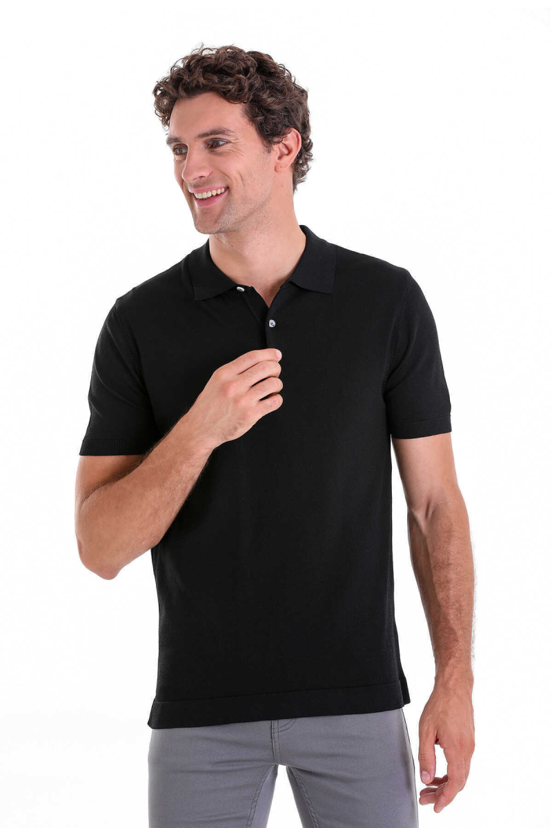 Siyah Comfort Fit Polo Yaka Rayon Tişört - Hatem Saykı (1)