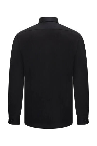 Siyah Comfort Fit Slim Yaka 100% Pamuk Devrik Manşet Uzun Kollu Saten Gömlek - 2