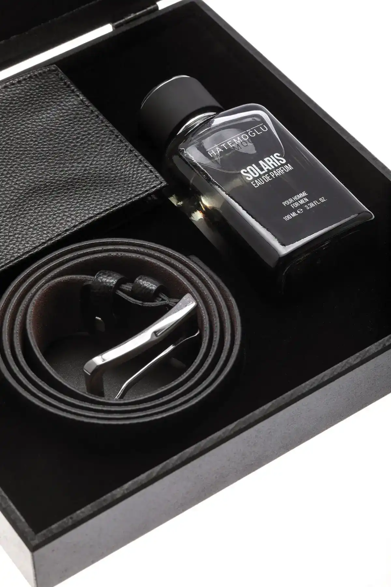 Ahşap Kutulu Erkek Parfüm Cüzdan Kemer 3'lü Hediyelik Set - Hatemoğlu (1)