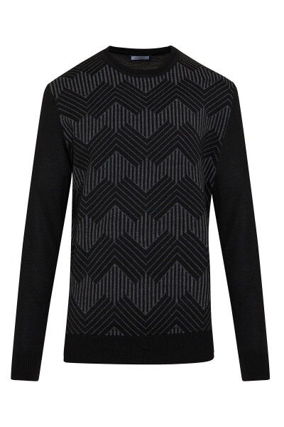 Siyah Regular Fit Desenli Bisiklet Yaka Yünlü Kazak 