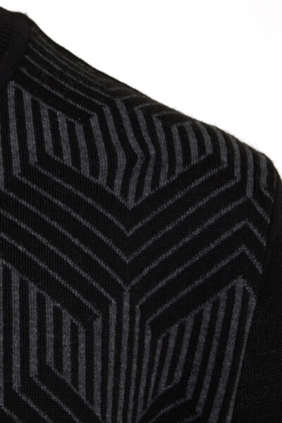 Siyah Regular Fit Desenli Bisiklet Yaka Yünlü Kazak - 3