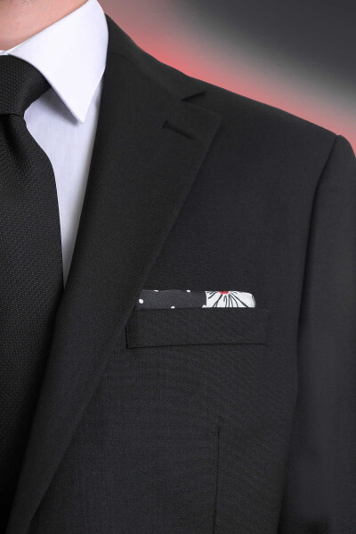 Siyah Desenli Klasik Saten Cep Mendili - 3