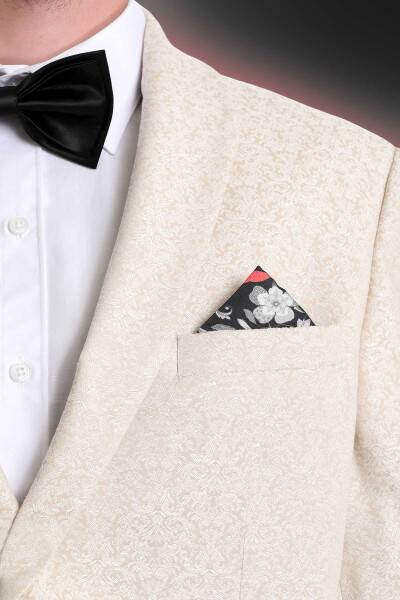 Siyah Desenli Klasik Saten Cep Mendili - 2