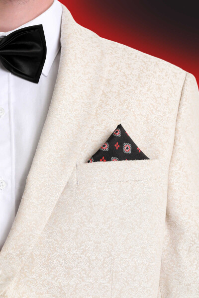 Siyah Desenli Klasik Saten Cep Mendili - 2