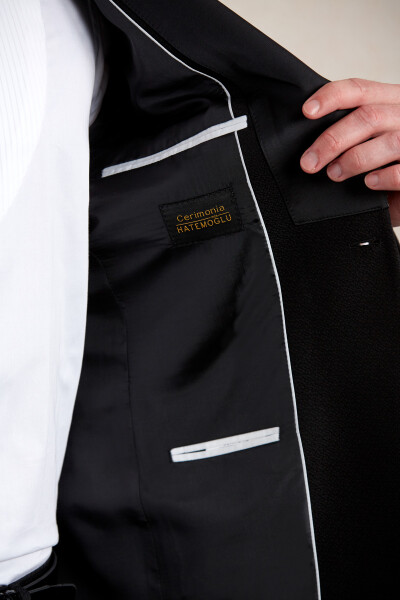 Siyah Muscle Fit Desenli Sivri Yaka Klasik Smokin Damatlık - 9