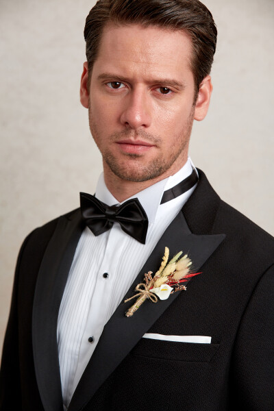 Siyah Muscle Fit Desenli Sivri Yaka Klasik Smokin Damatlık - 8