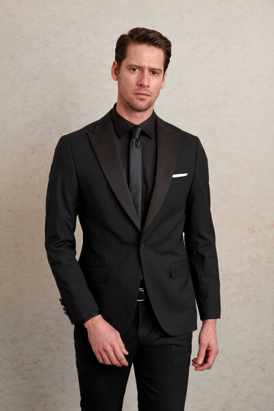 Siyah Slim Fit Desenli Sivri Yaka Klasik Smokin Damatlık - 4