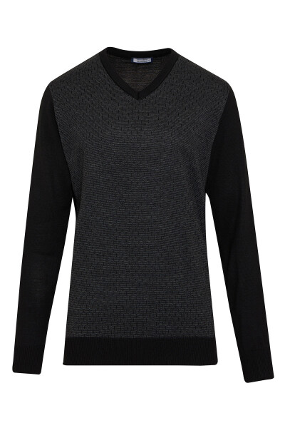 Siyah Regular Fit Desenli V Yaka Yünlü Kazak - Hatemoğlu