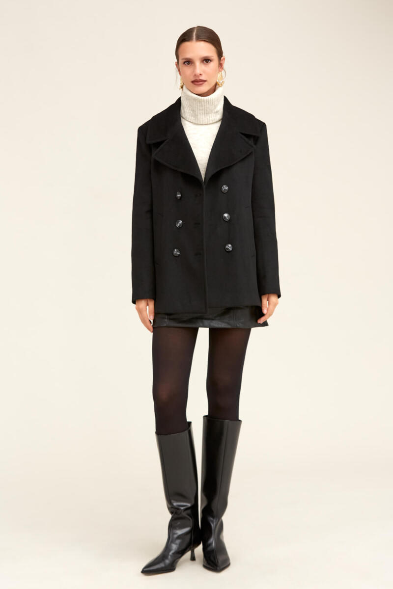 Saykı Woman Siyah Dinamik Fit Kruvaze Kaşe Yünlü Manto - Saykı Woman