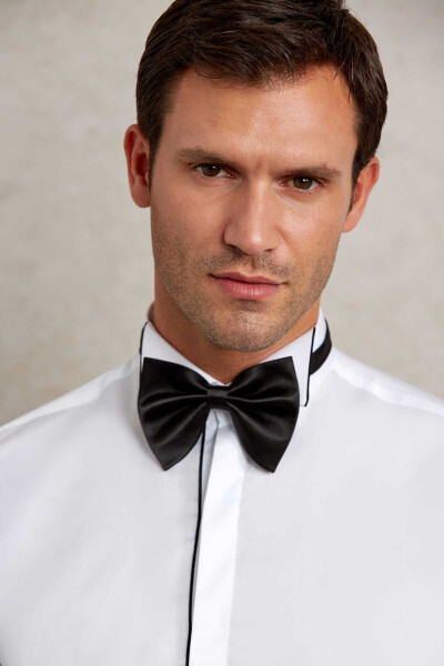 Beyaz Comfort Fit 100% Pamuk Ata Yaka Manşetli Uzun Kol Saten Damatlık Gömlek - 8