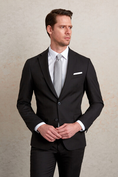 Siyah Slim Fit Mono Yaka Klasik Takım Elbise - 4