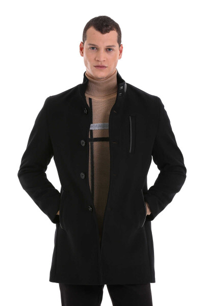 Siyah Hakim Yaka Yünlü Palto - 4