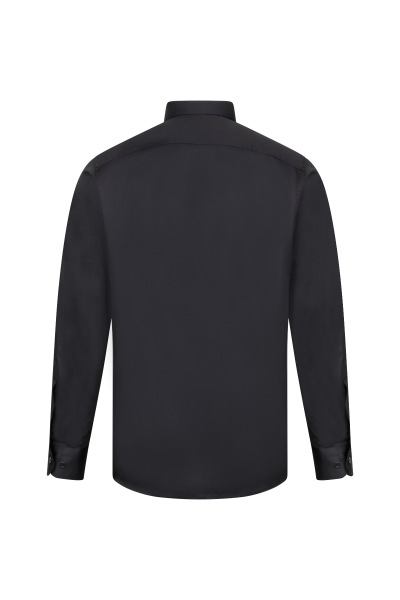 Siyah Klasik Fit Pamuklu Uzun Kollu Saten Gömlek - 2