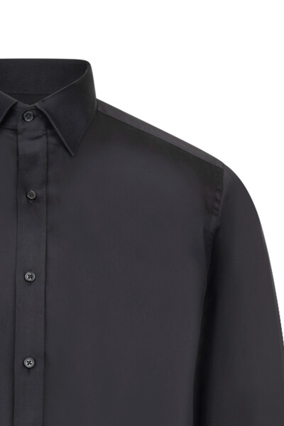Siyah Klasik Fit Pamuklu Uzun Kollu Saten Gömlek - 3
