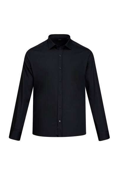 Siyah Klasik Fit Slim Yaka 100% Pamuk Uzun Kollu Saten Gömlek - 1