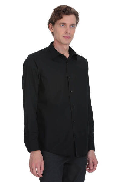 Siyah Klasik Fit Slim Yaka Pamuklu Uzun Kollu Gömlek - 1