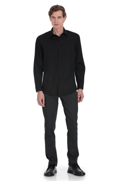 Siyah Klasik Fit Slim Yaka Pamuklu Uzun Kollu Gömlek - 2
