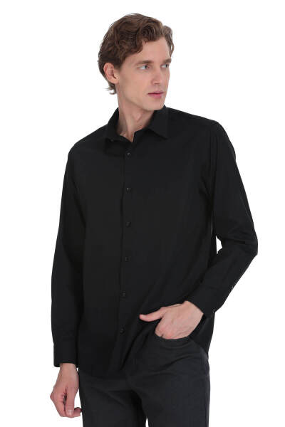 Siyah Klasik Fit Slim Yaka Pamuklu Uzun Kollu Gömlek - 3