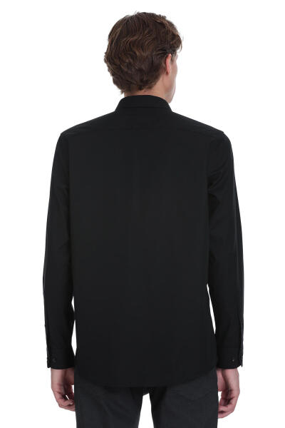 Siyah Klasik Fit Slim Yaka Pamuklu Uzun Kollu Gömlek - 5