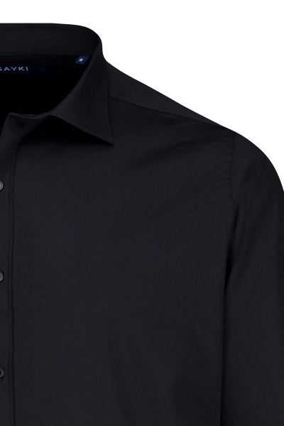 Siyah Klasik Fit Slim Yaka Uzun Kollu Pamuklu Saten Gömlek - 2