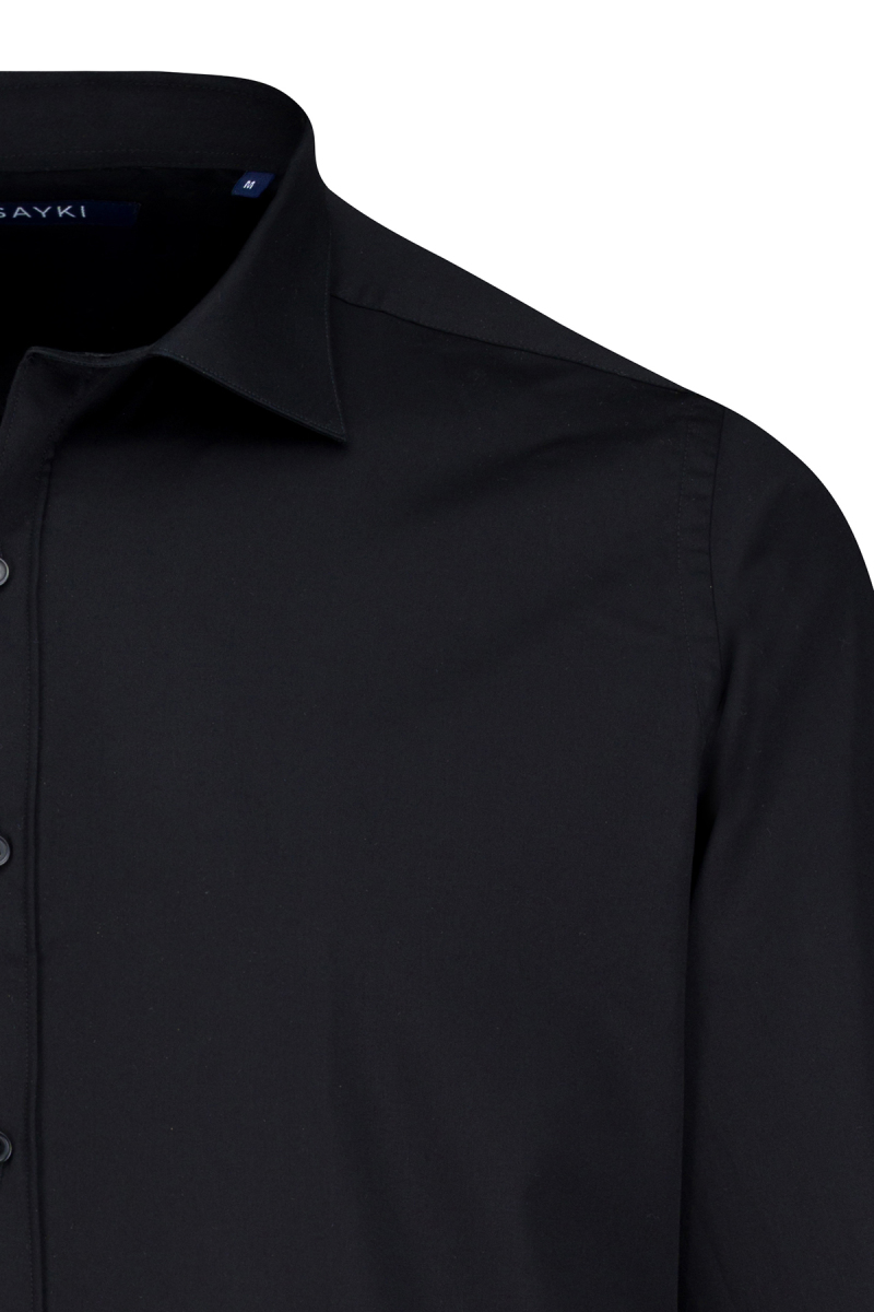 Siyah Klasik Fit Slim Yaka Uzun Kollu Pamuklu Saten Gömlek - Saykı (1)