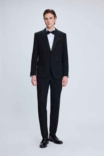 Siyah Muscle Fit Çıkma Şal Yaka Klasik Damatlık - 1