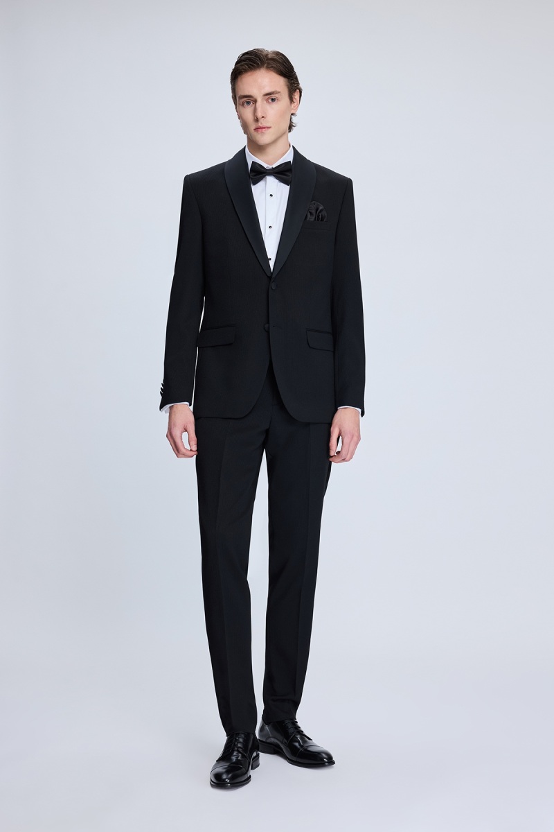 Siyah Muscle Fit Çıkma Şal Yaka Klasik Damatlık - Hatemoğlu