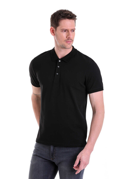 Siyah Regular Fit Petek Desenli 100% Pamuk Polo Yaka Tişört - 3
