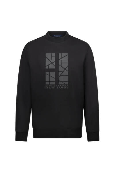 Siyah Regular Fit Baskılı Pamuklu Bisiklet Yaka Sweatshirt 