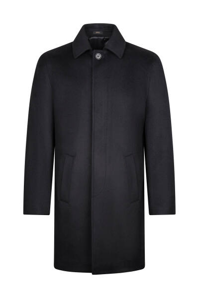 Siyah Regular Fit Bebe Yaka Kaşe Yünlü Palto 