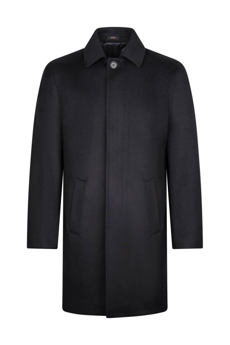 Siyah Regular Fit Bebe Yaka Kaşe Yünlü Palto - Hatem Saykı