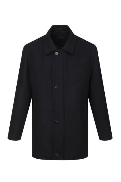 Siyah Regular Fit Bebe Yaka Yünlü Kaban - 1