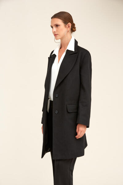 Saykı Woman Siyah Regular Fit Ceket Yaka Kaşe Oversize Manto - 11