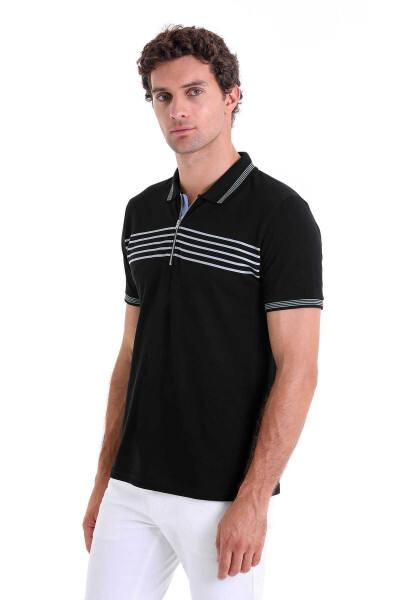 Siyah Regular Fit Çizgili 100% Pamuk Polo Yaka Tişört - 2