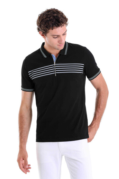 Siyah Regular Fit Çizgili 100% Pamuk Polo Yaka Tişört - 3