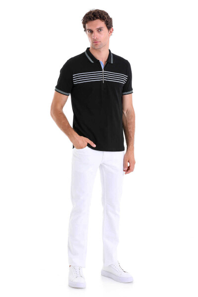 Siyah Regular Fit Çizgili 100% Pamuk Polo Yaka Tişört - 4