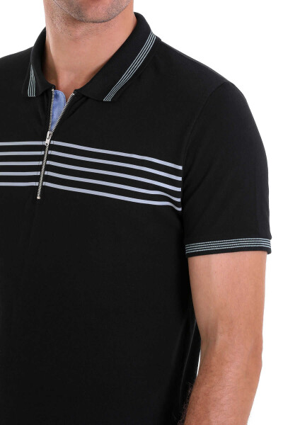 Siyah Regular Fit Çizgili 100% Pamuk Polo Yaka Tişört - 5