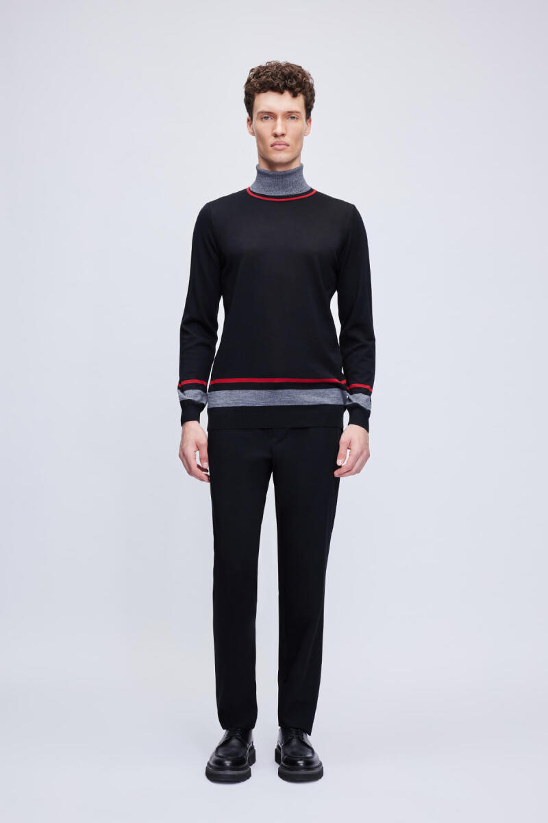 Siyah Regular Fit Çizgili Balıkçı Yaka Yünlü Triko Kazak - Hatem Saykı (1)