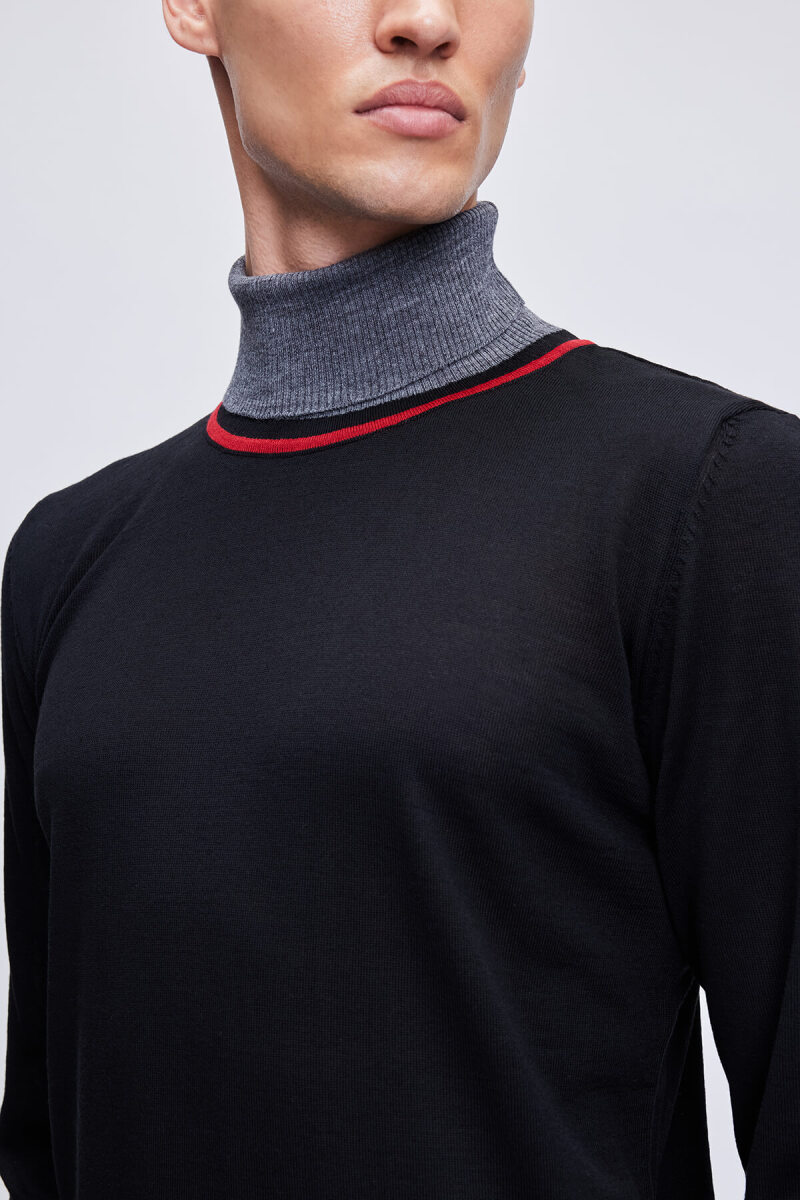 Siyah Regular Fit Çizgili Balıkçı Yaka Yünlü Triko Kazak - Hatem Saykı (1)