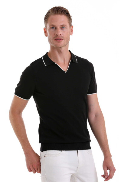 Siyah Regular Fit Desenli Pamuklu Polo Yaka Casual Tişört 