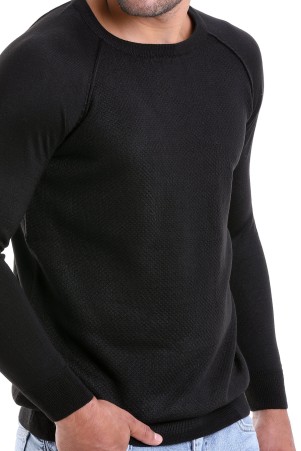 Siyah Regular Fit Bisiklet Yaka Yünlü Triko Kazak - 9