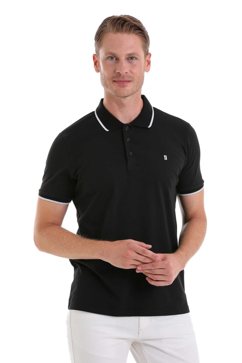 Siyah Regular Fit 100% Pamuk Polo Yaka Tişört - HTML